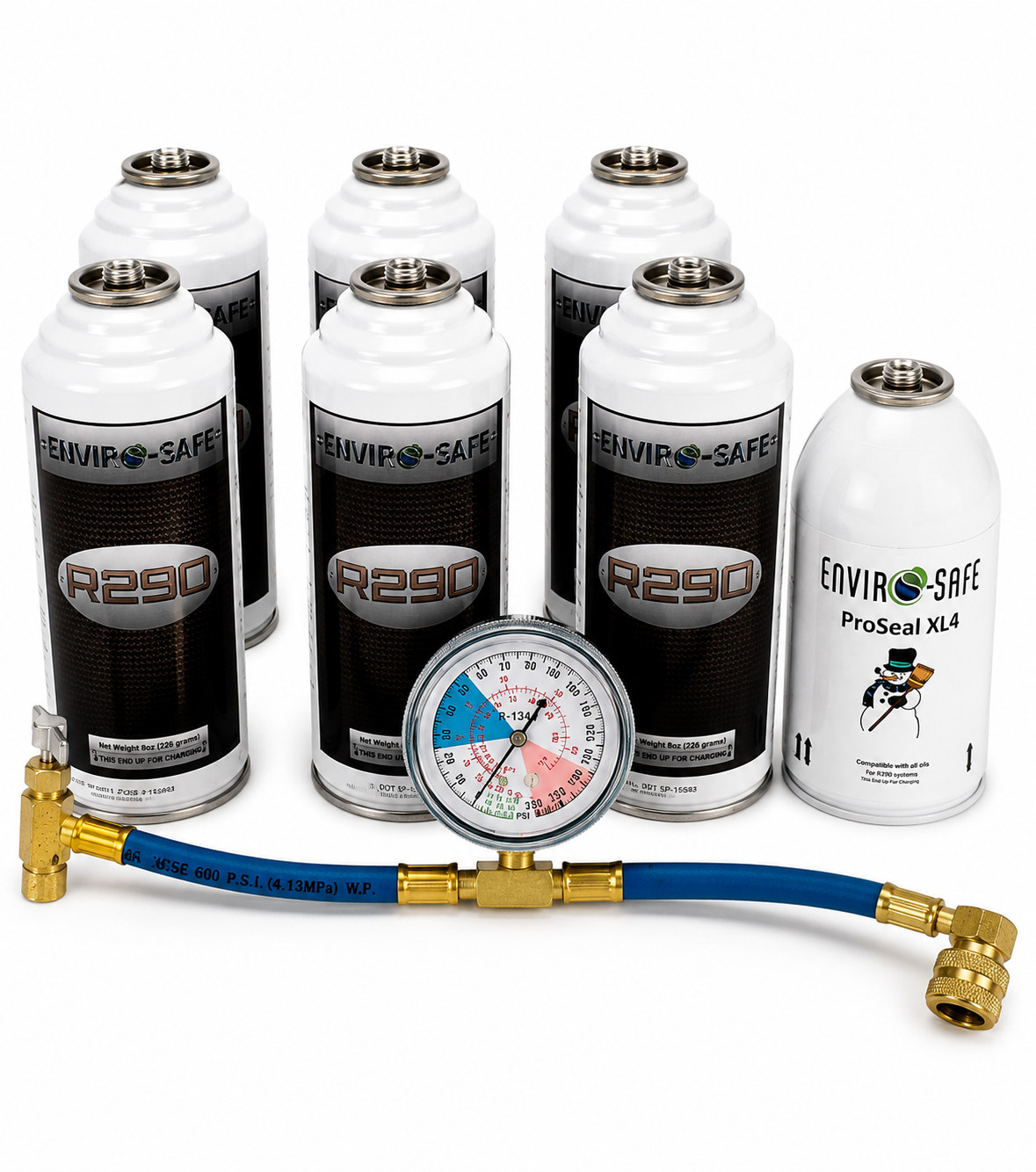 R290 Large Charge and Seal Kit (Includes 6 cans of R290, 1 ProSeal XL, 1 Low Side Gauge W/Hose & Can Tap, & 1 Low Side Adapter)