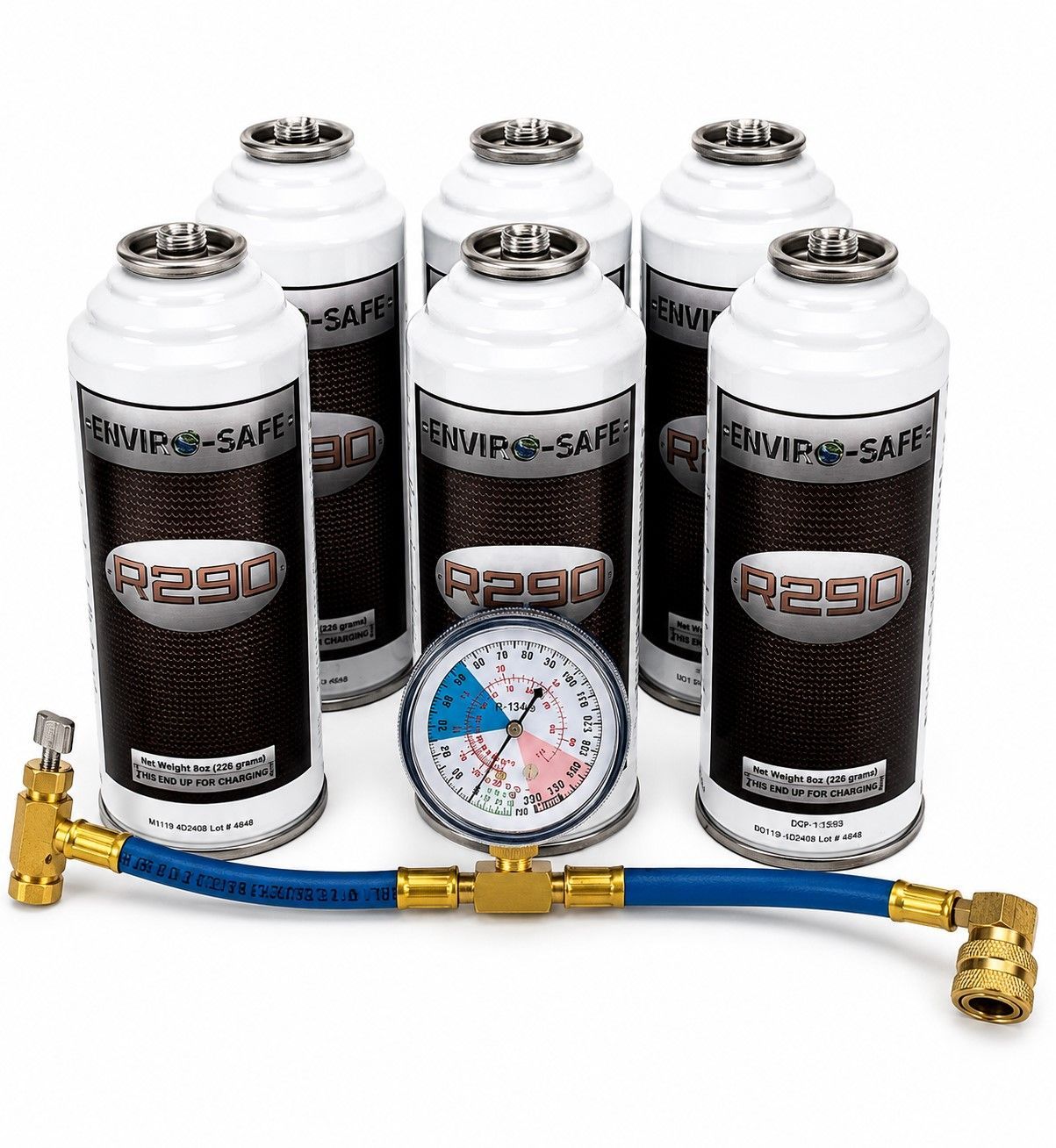 R290 Large Recharge Kit (Includes 6 cans of R290, 1 Low Side Gauge W/Hose & Can Tap, & 1 Low Side Adapter)