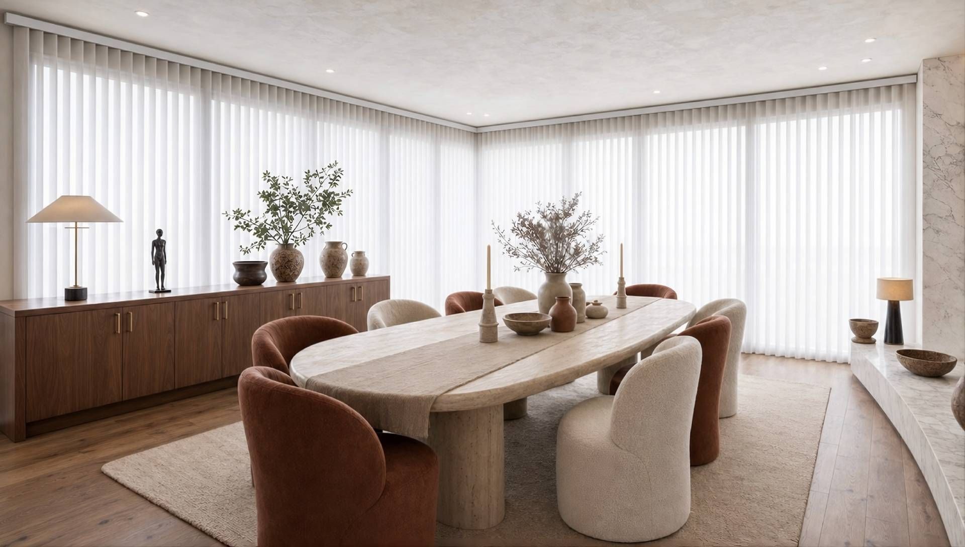 Norman® SmartDrape® window treatment covering wide windows in a contemporary dining room.