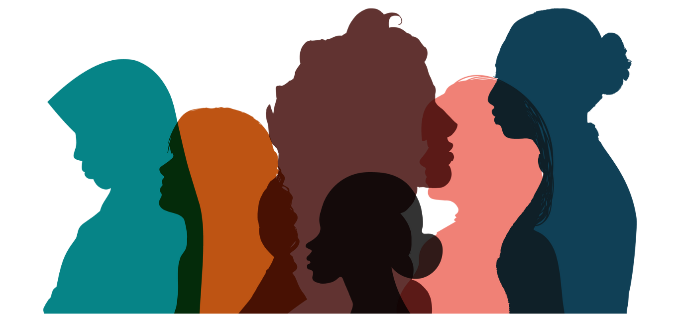 Silhouettes of diverse women in profile, with colorful overlapping layers symbolizing empowerment and unity.