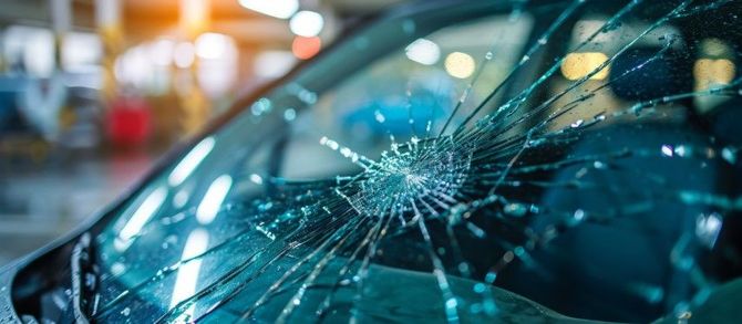 Cracked windshield with shattered glass reflecting city lights in a blurry urban scene