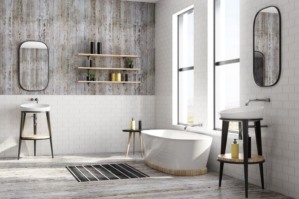 A Bathroom With a Bathtub, Sinks, Mirrors and Shelves — Leemark Design Services In Edmonton, QLD