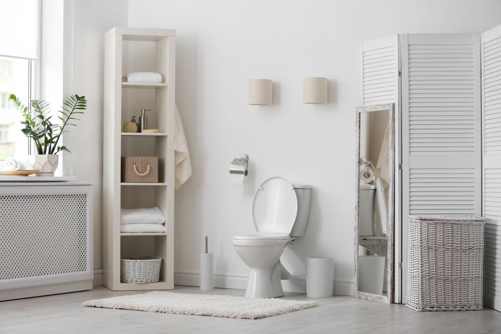 A Bathroom With a Toilet , Mirror and Shelves — Leemark Design Services In Redlynch, QLD