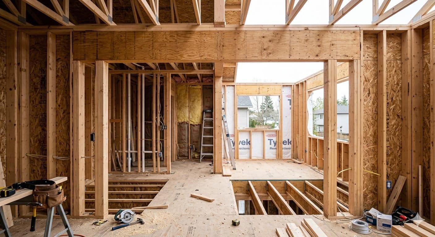 Interior of a house under construction with exposed wooden framing, unfinished floors, and open window and door openings