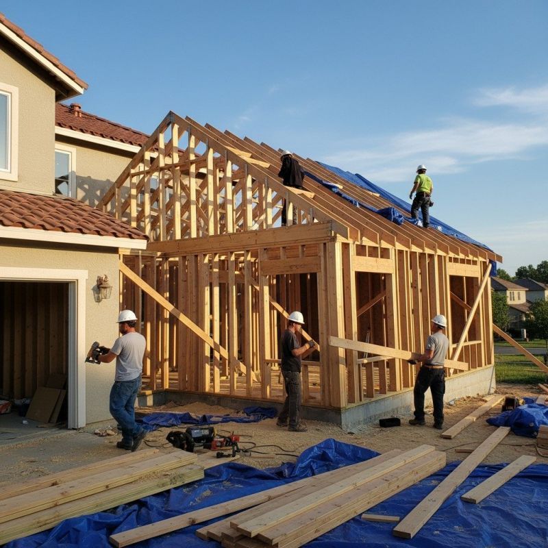 Workers framing a house under construction with lumber, roof trusses, and a ladder on site.