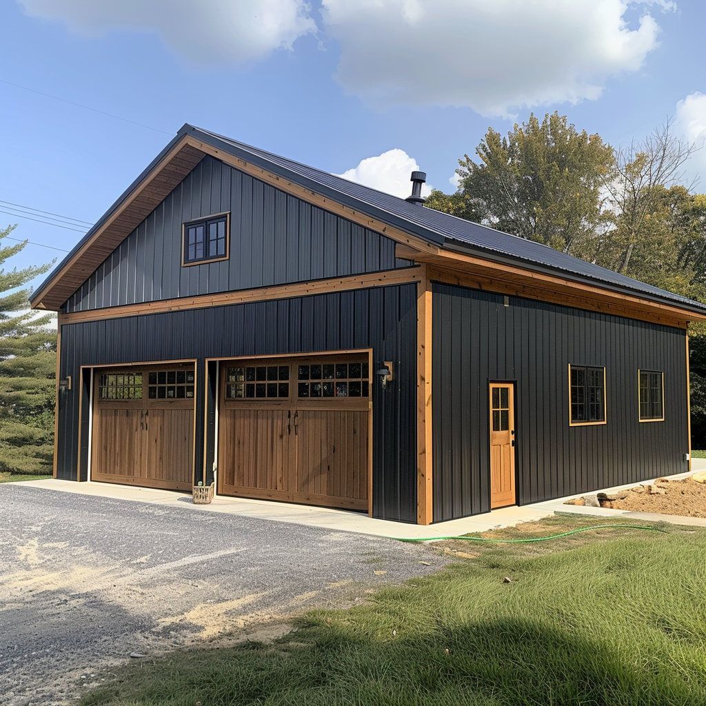 Dark blue barn-style garage with wooden doors and trim on a gravel driveway under a clear sky