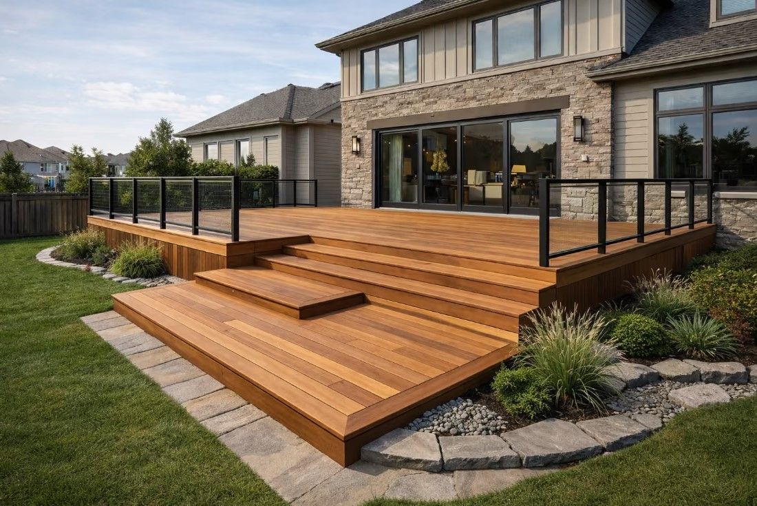 Modern house with a large wooden deck and steps in a landscaped backyard