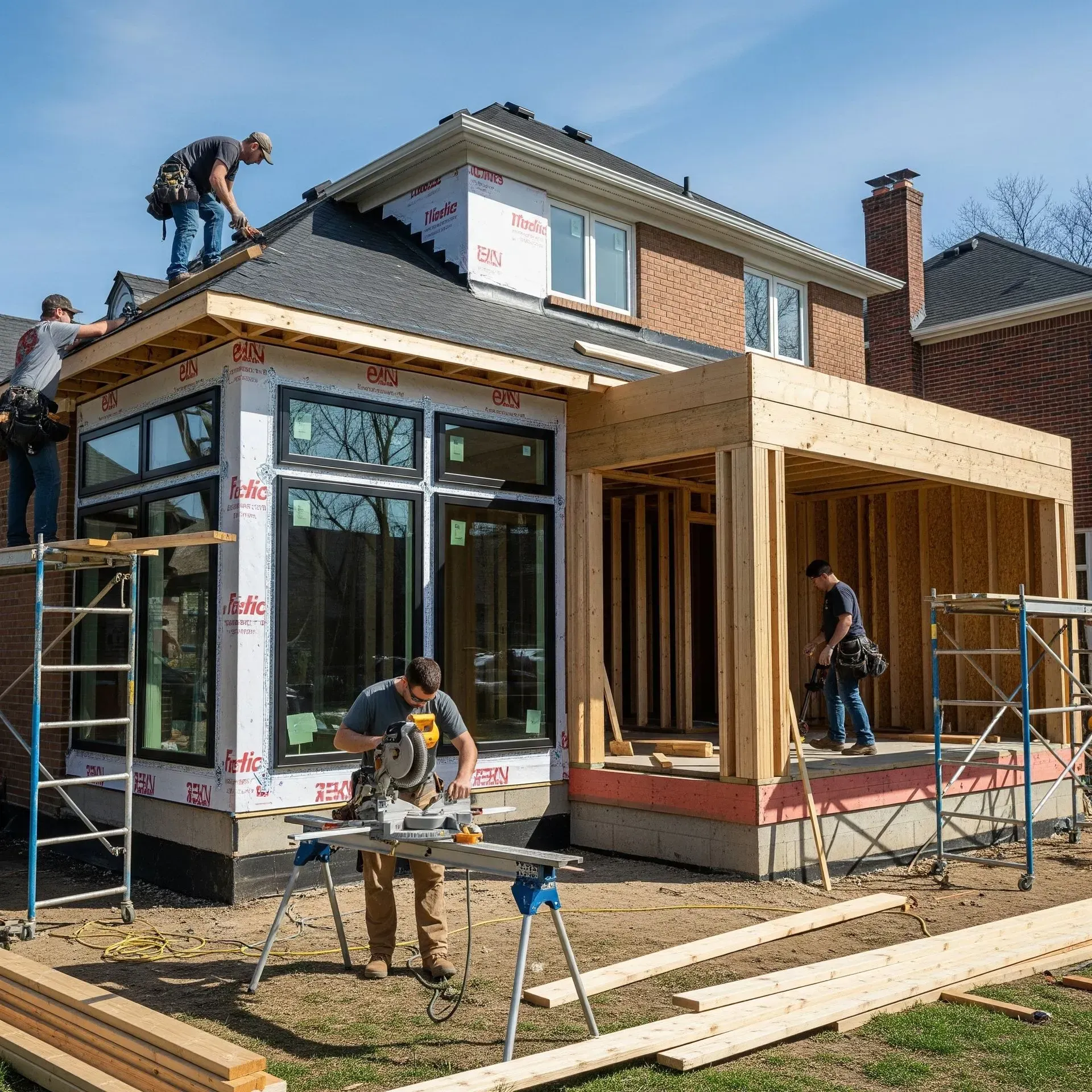 Home addition under construction with workers on scaffolding beside a brick house