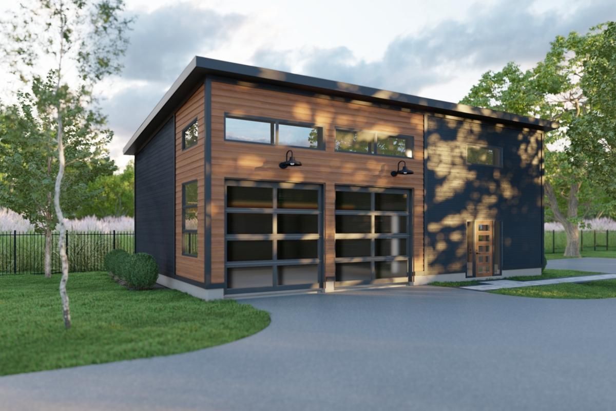 Modern two-story wooden garage with glass doors beside a curved driveway and trees