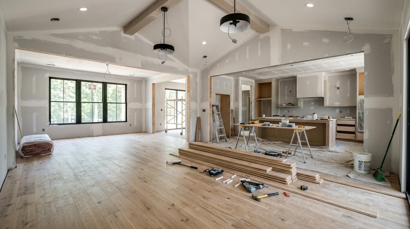 Bright unfinished kitchen and living room renovation with exposed flooring and tools scattered on the floor
