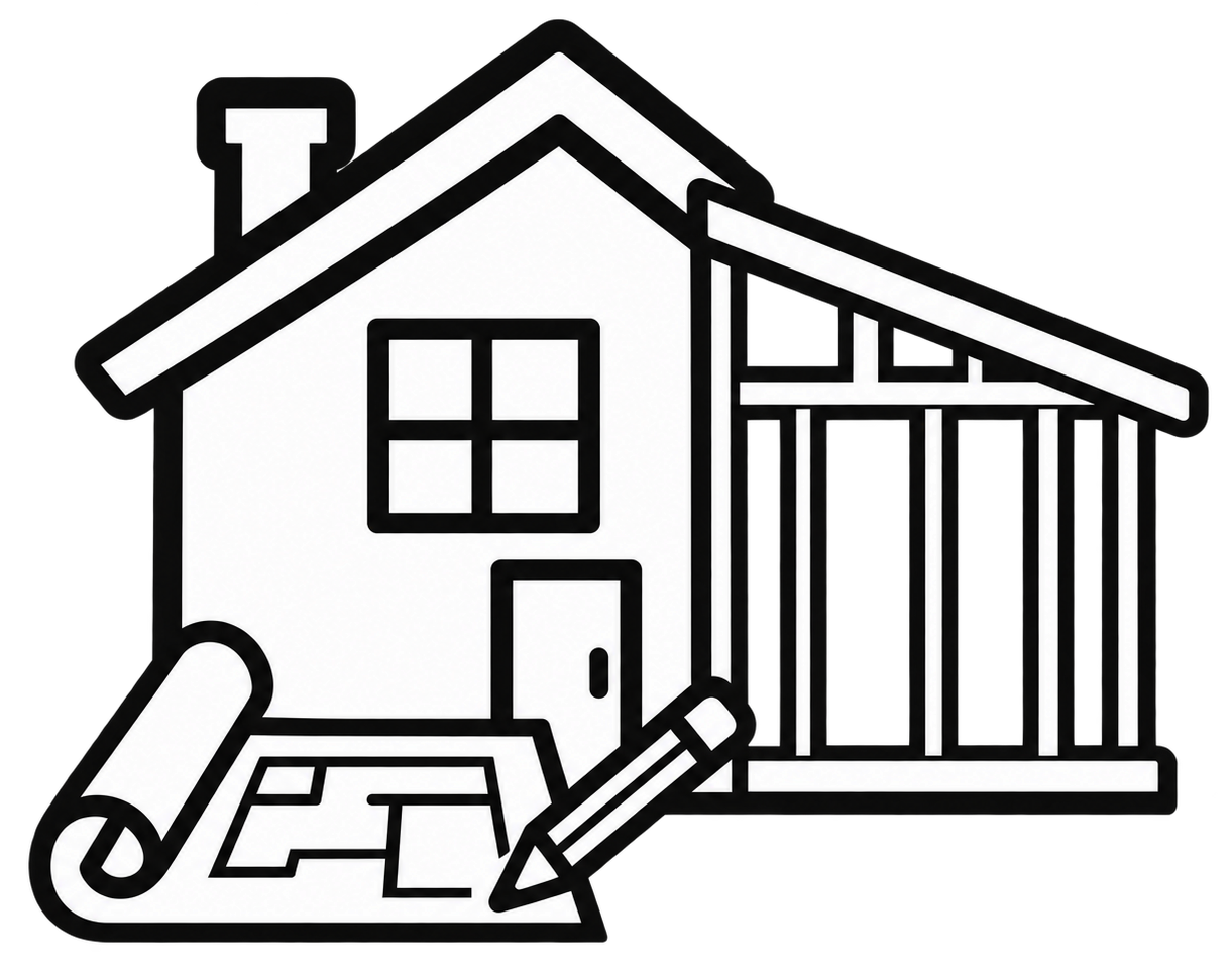 House with drafting tools and rolled blueprint, suggesting home construction or renovation planning