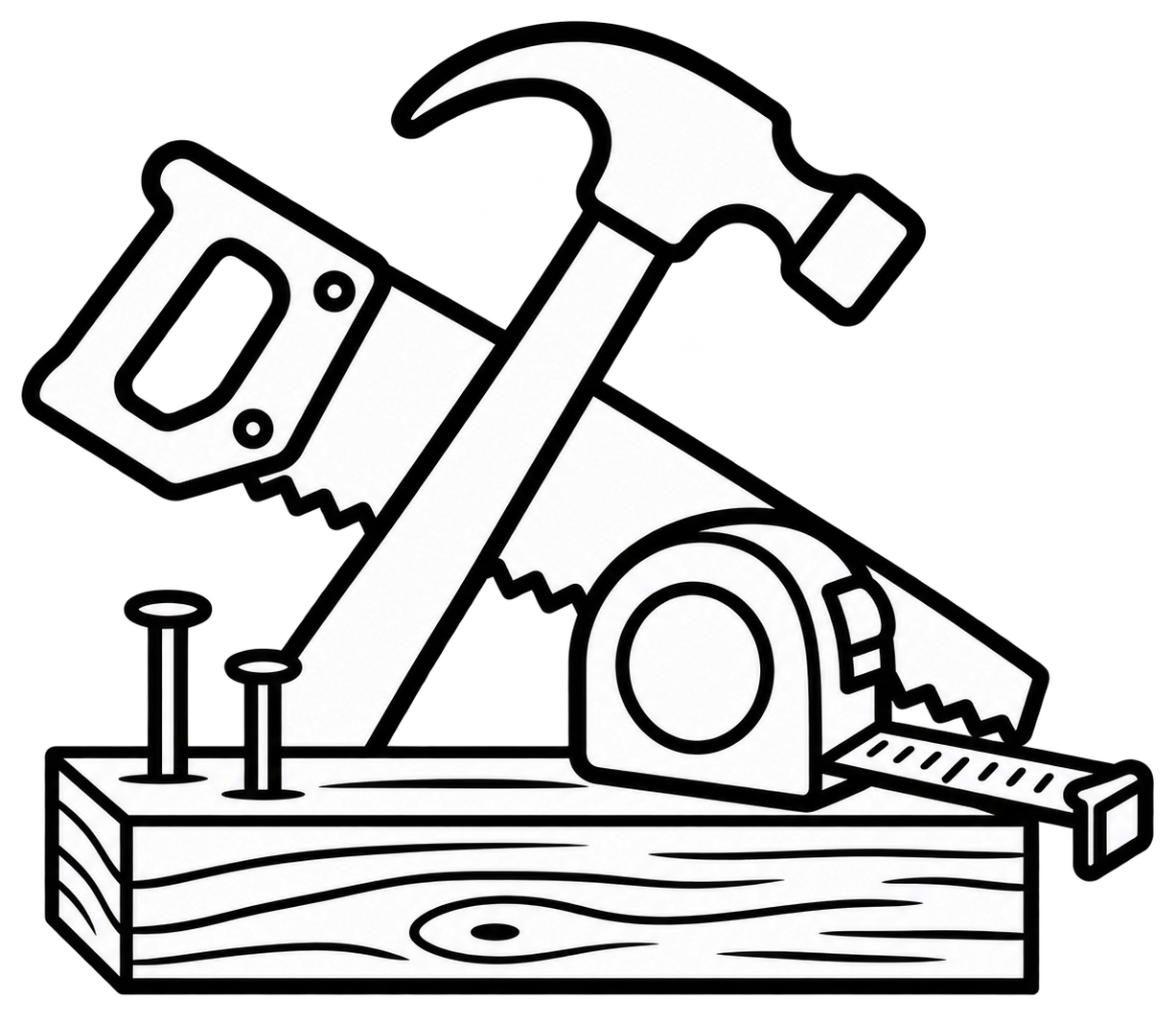 Black-and-white line drawing of crossed hammer and saw with nails on a wooden plank