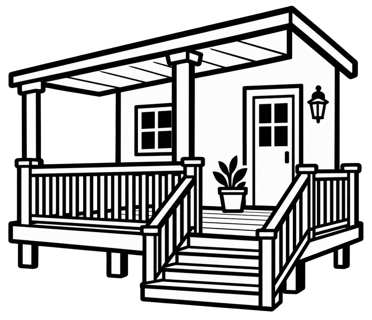 Black-and-white drawing of a small porch with steps, railings, door, window, and potted plant