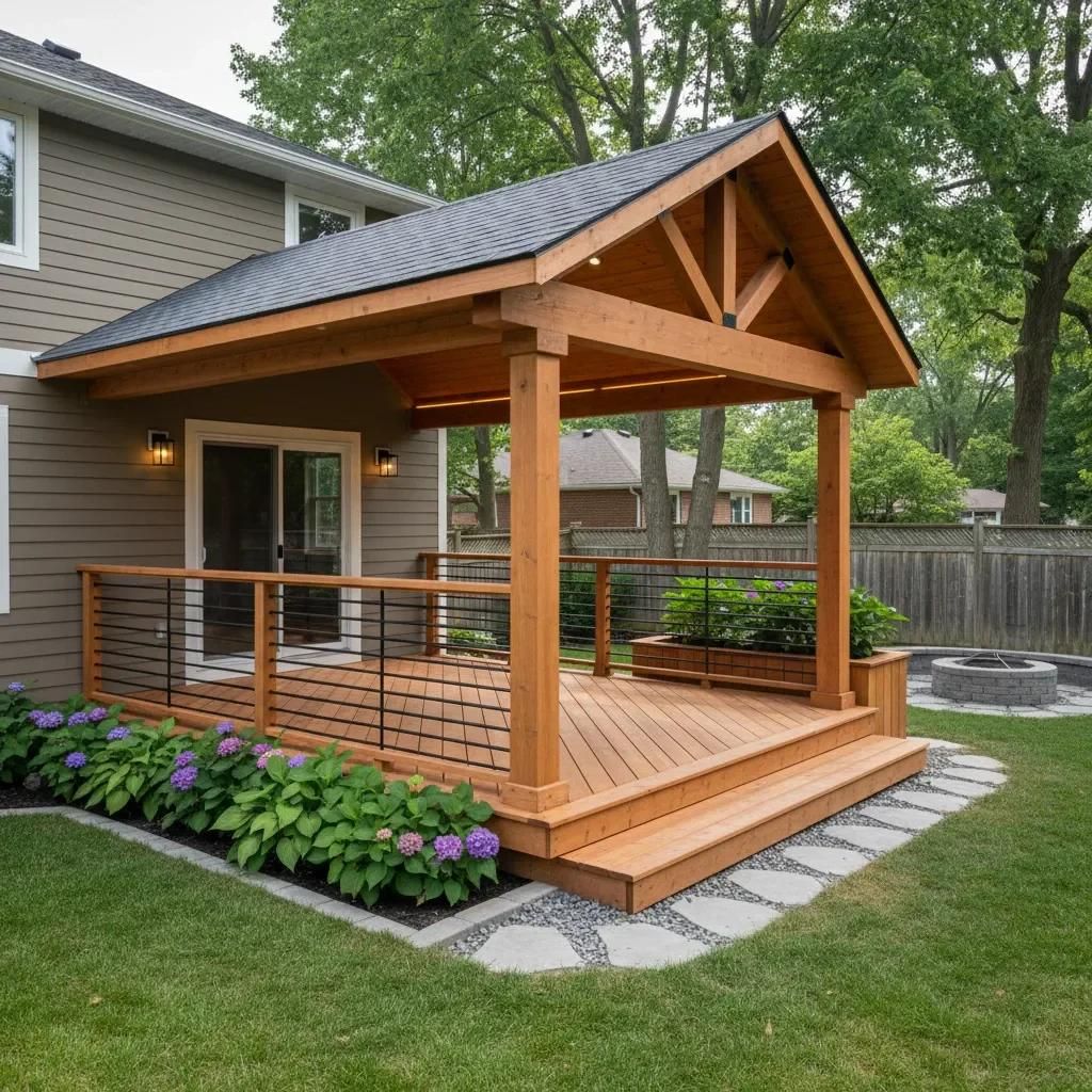 Covered wooden porch with a gabled roof, built-in railing, and flower beds beside a house