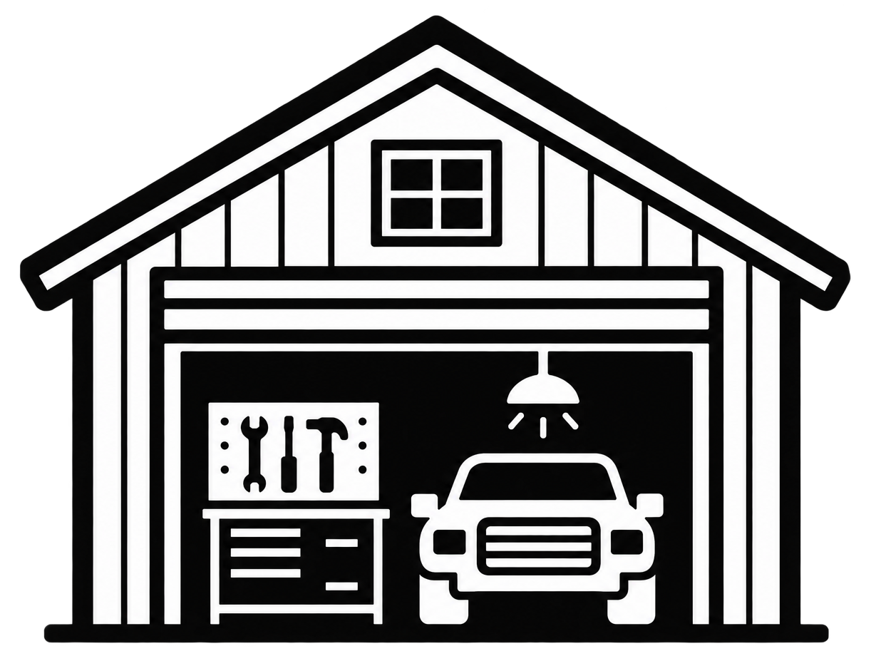 Black-and-white garage with car inside and tools on a workbench