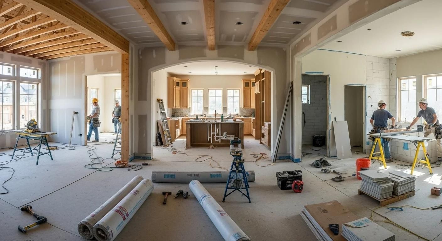 Kitchen and living room under renovation, with tools, ladders, and workers installing fixtures.