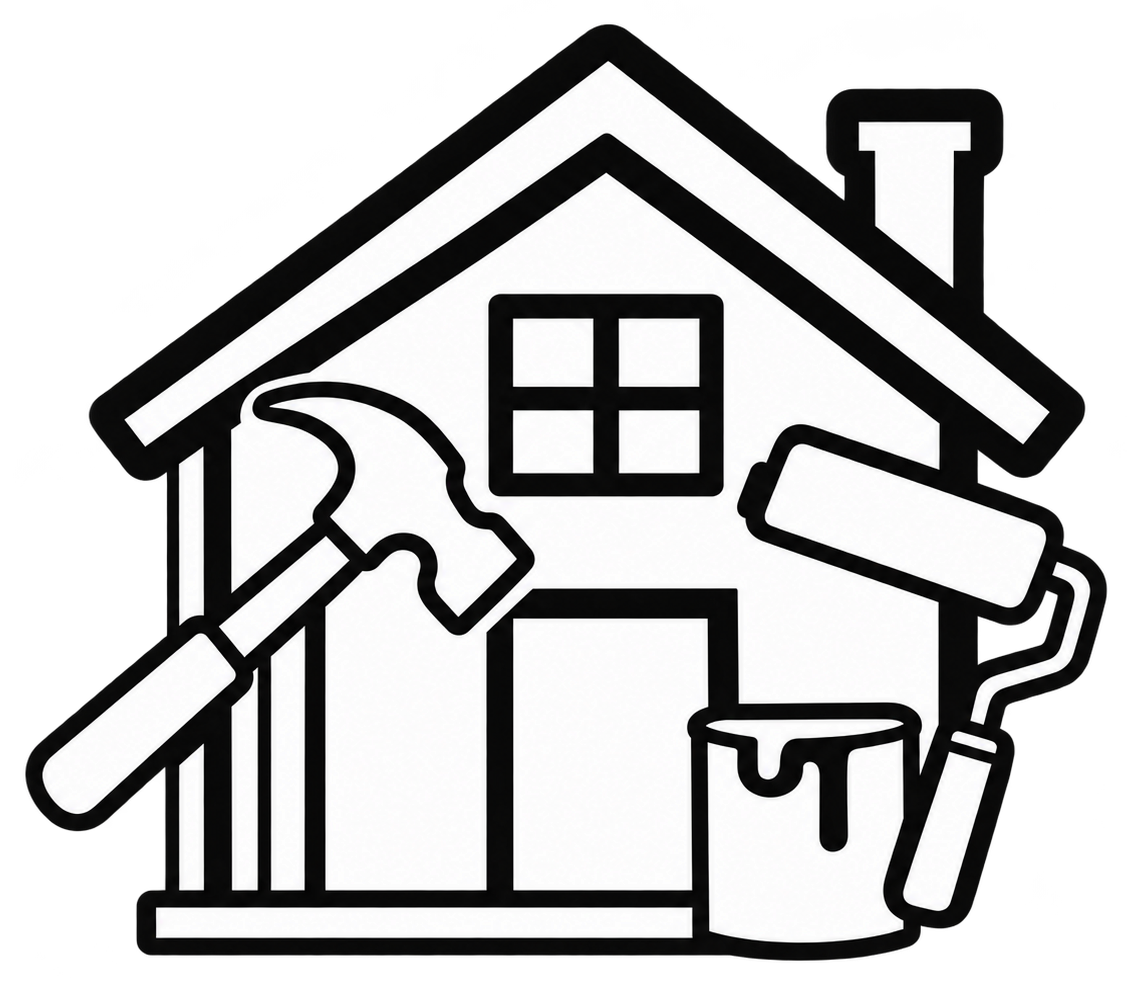 House under construction with hammer, paint roller, and bucket of paint.