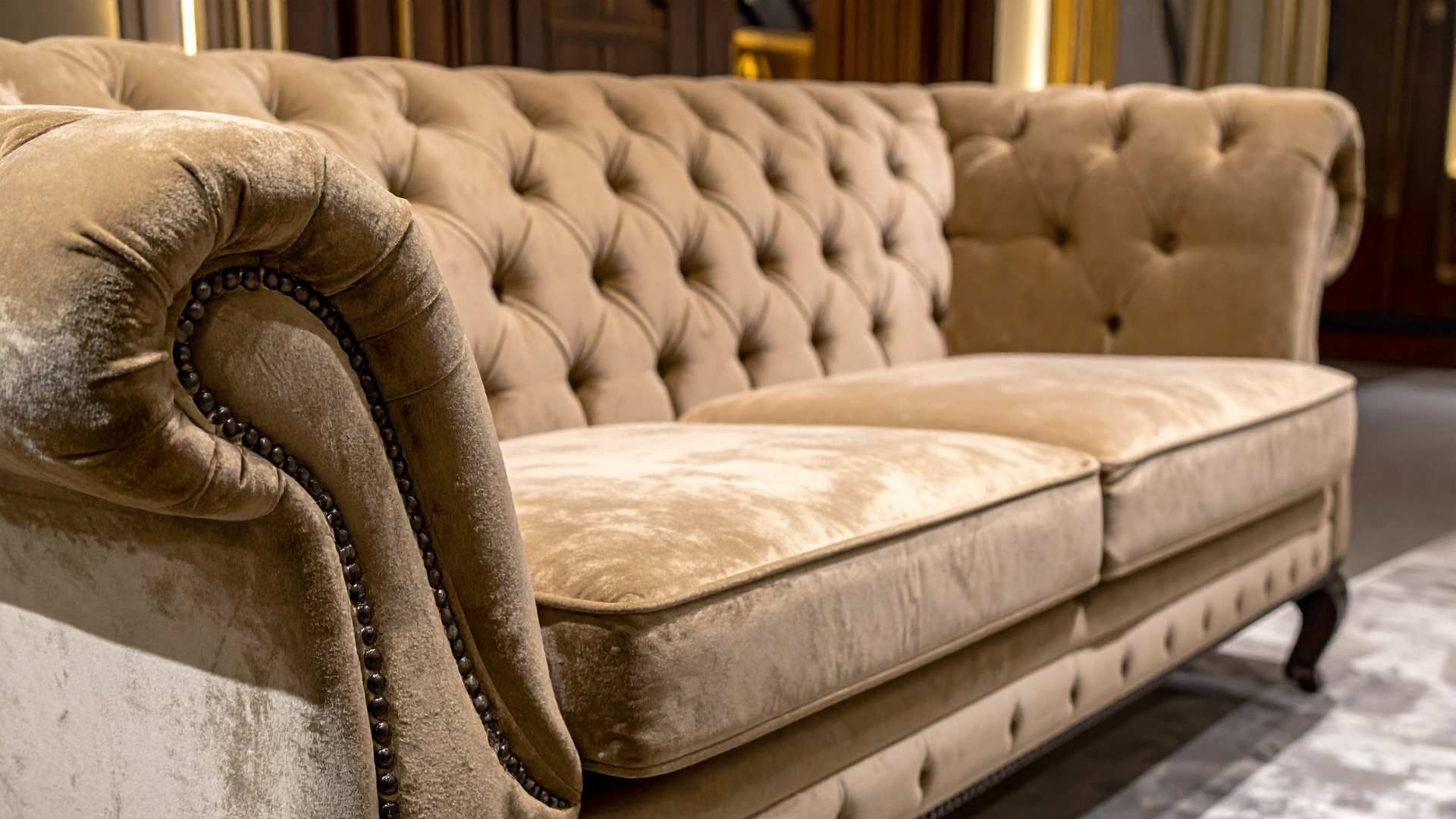 Beige tufted velvet sofa with rolled arm in a warm-toned living room setting