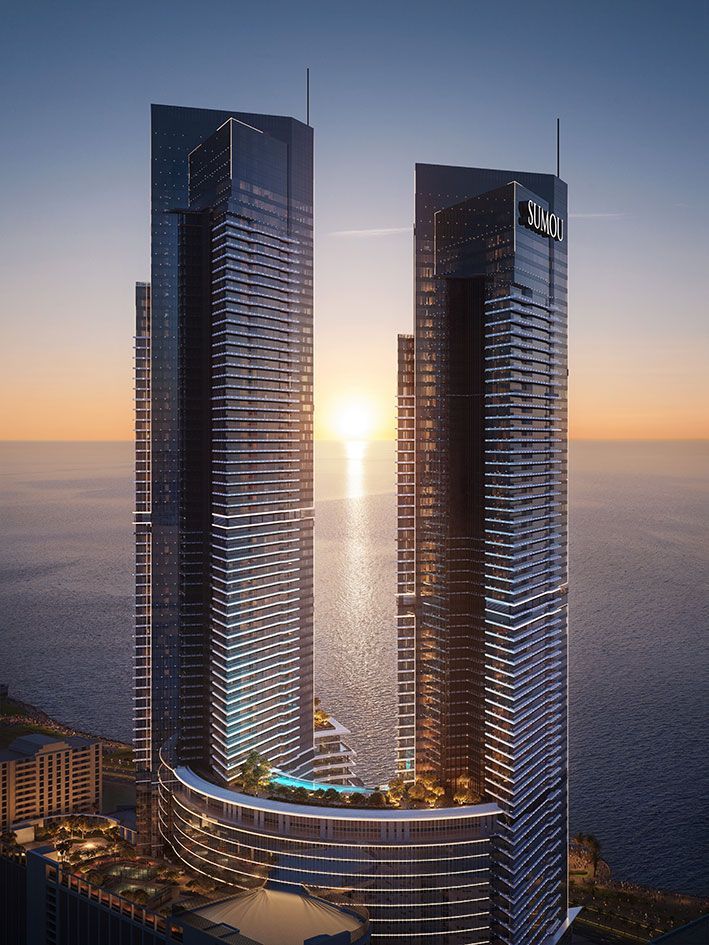 Sunset at Sumou Towers, a landmark mixed-use development on Jeddah waterfront.