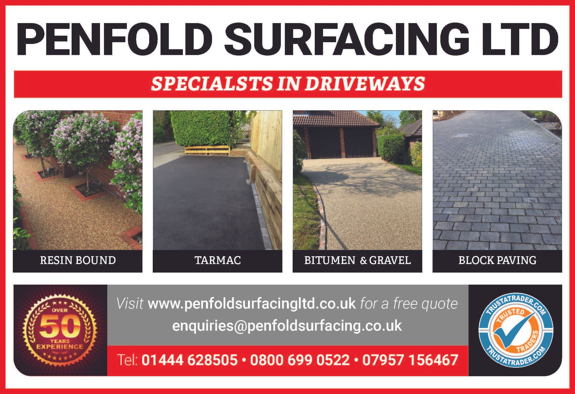 Penfold Surfacing Ltd driveway paving ad with four installation photos and contact details