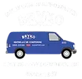 Blue boxy van with white lettering on the side, shown in profile.