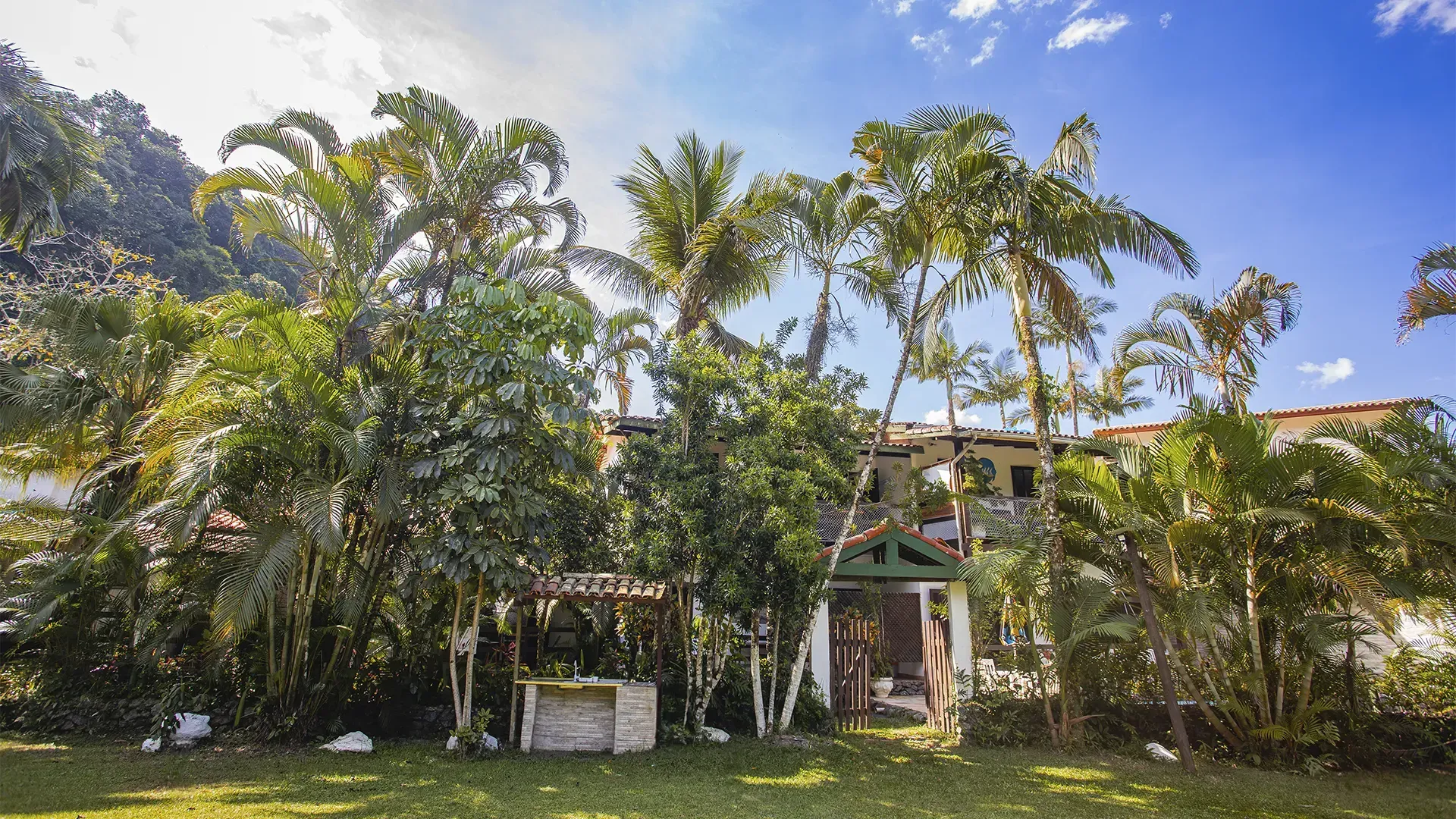 Uma grande casa está cercada por muitas árvores e arbustos.