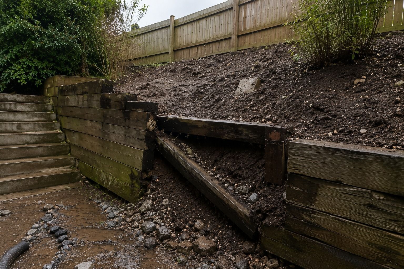 Failed retaining wall and poor garden groundworks in Glasgow showing unstable levels, drainage issues and the need for structural hard landscaping.