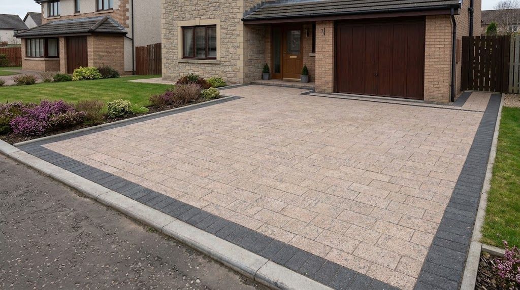 Marshalls Lunar Textured Rosa driveway with a contrasting charcoal border