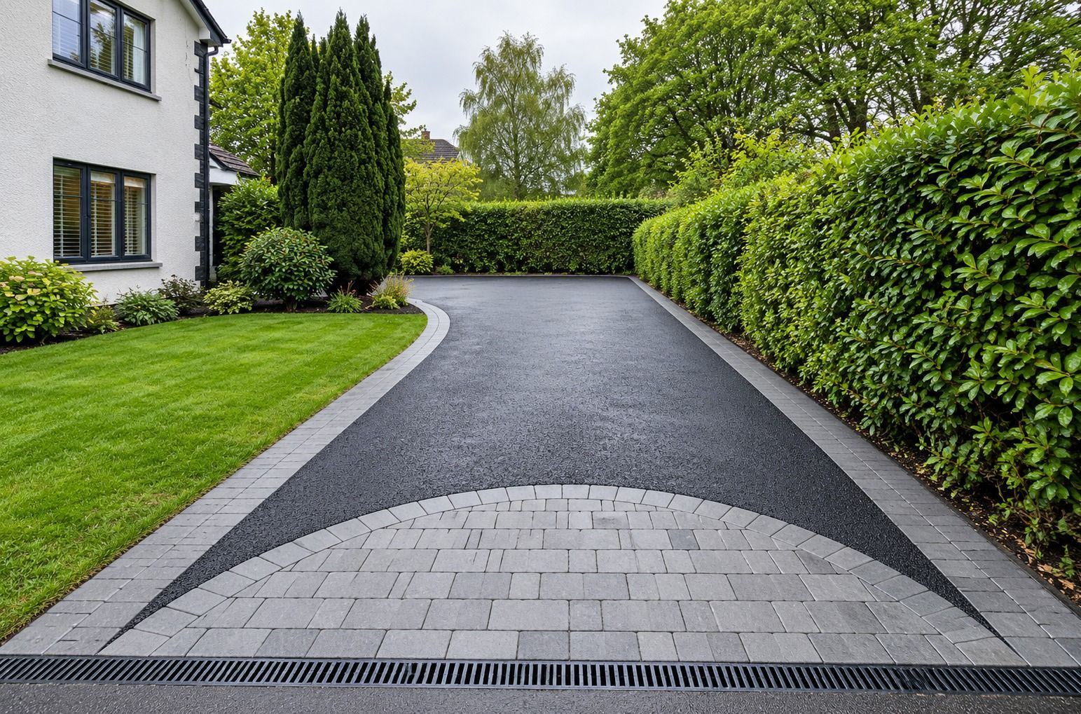Modern tarmac driveway with slate grey monoblock edging in Glasgow