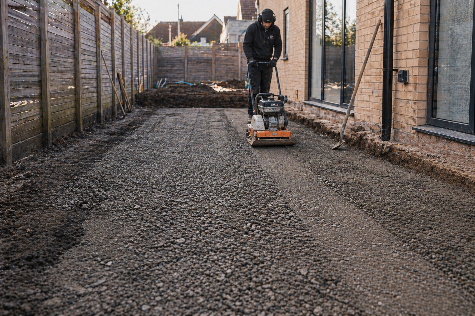 Compacted sub-base preparation for driveway and patio installation