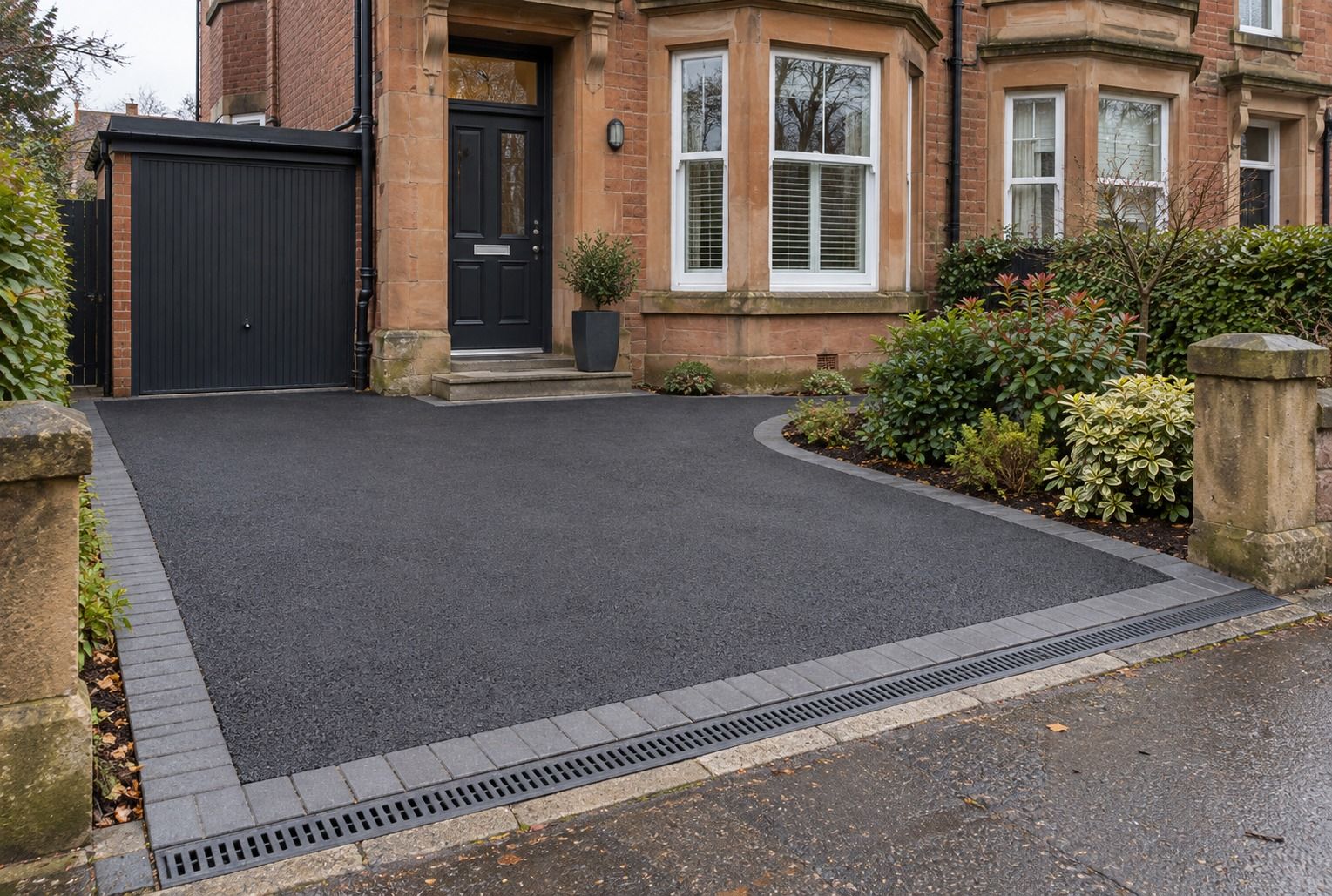Tarmac driveway with linear drainage channel at a traditional Glasgow property