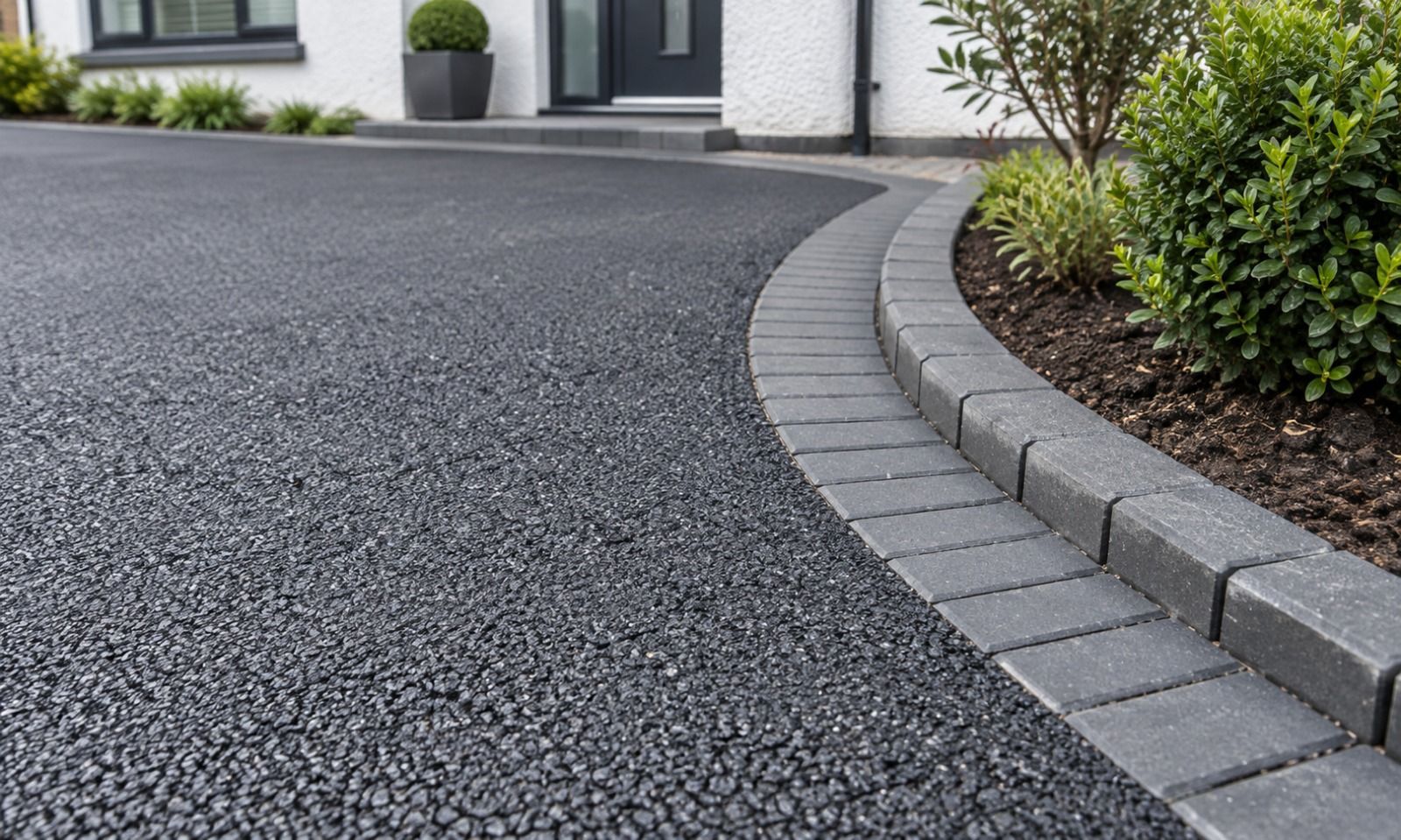 Tarmac driveway with curved monoblock edging and garden border in Glasgow