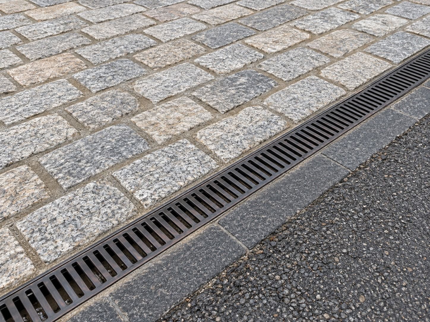 Granite-sett driveway meeting a flush drainage channel, charcoal edging and asphalt entrance.