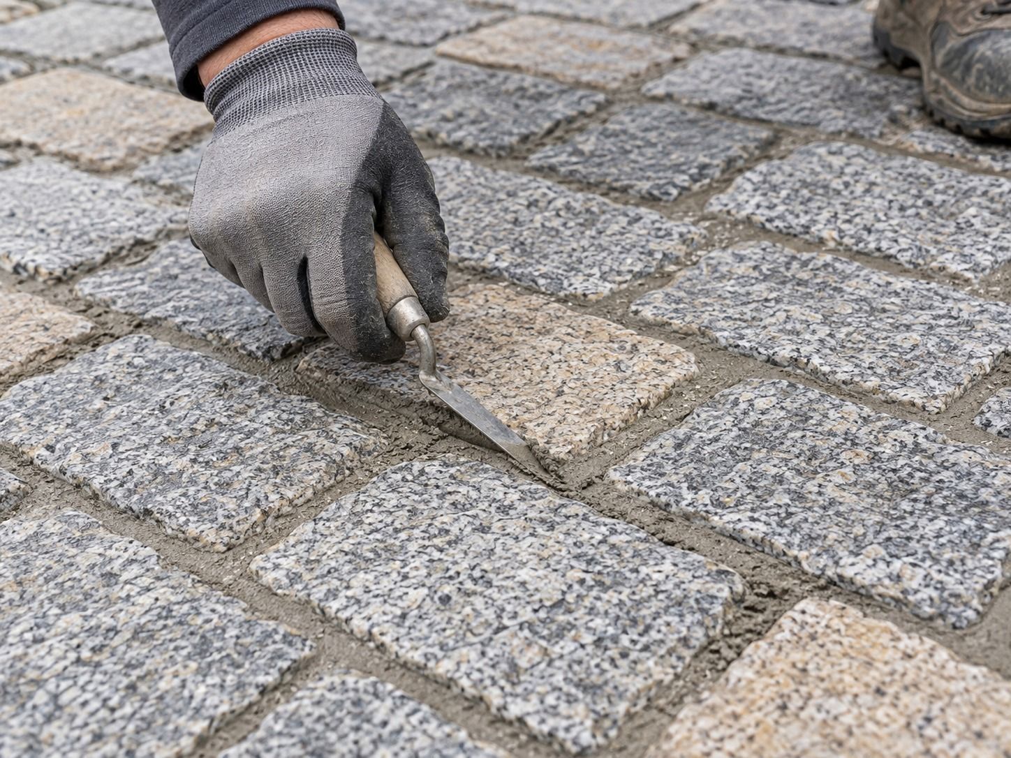 Gloved hand finishing mortar joints between natural granite driveway setts.