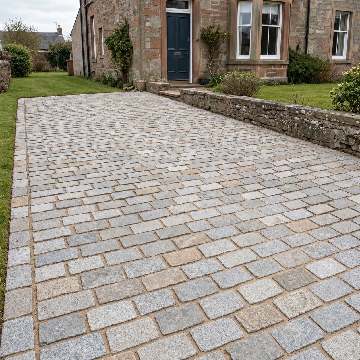Natural granite-sett driveway beside neatly edged grass and a low stone wall outside a Scottish stone house.