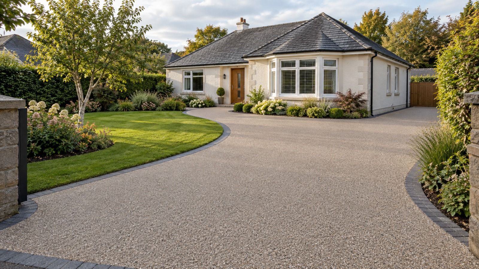 Curved taupe resin-bound driveway with charcoal edging, lawn and planted borders outside a cream bungalow