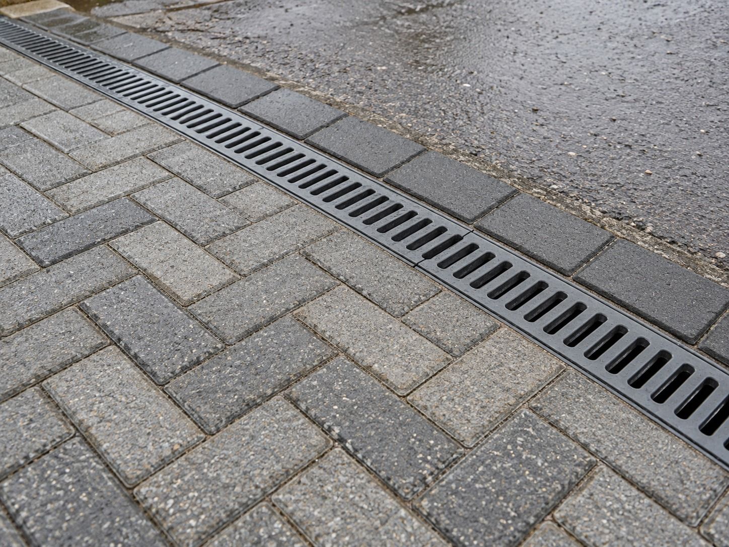 Linear drainage channel across a grey block-paved driveway entrance with charcoal edging.