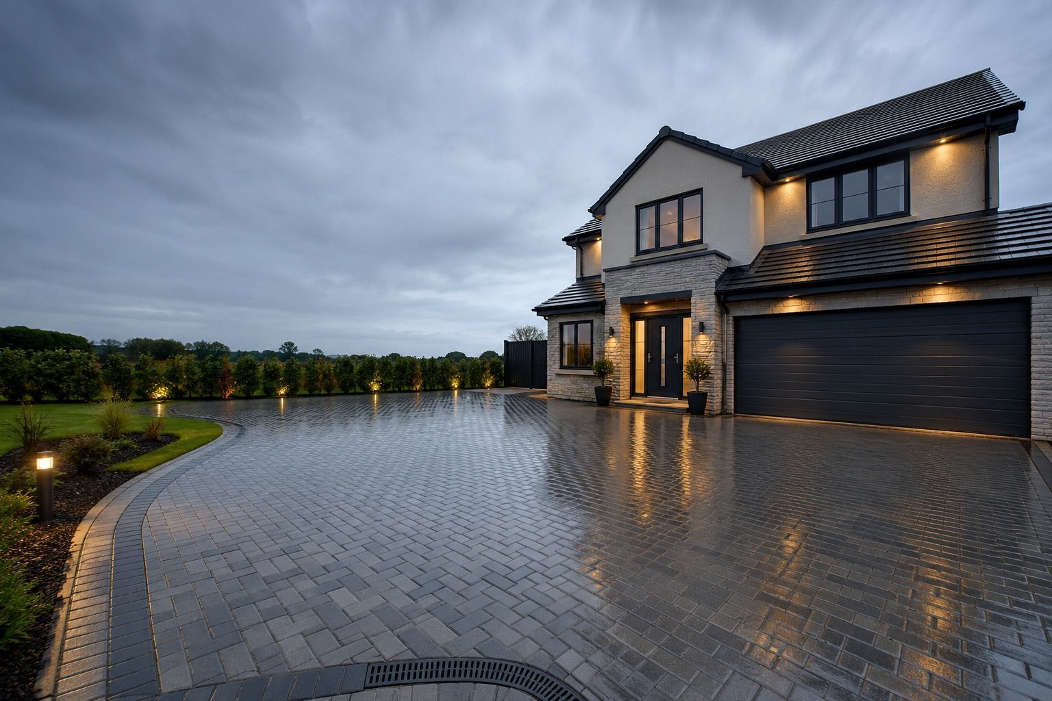 Completed driveway patio and landscaping project by Pear Landscaping Group in Glasgow
