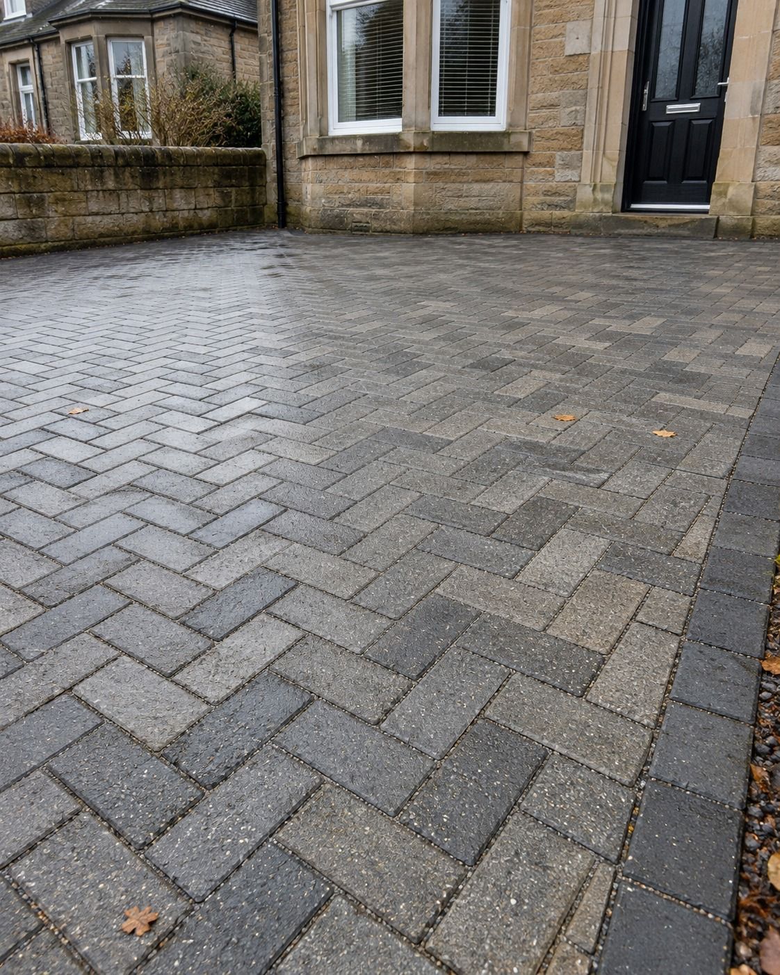Grey block-paved driveway outside a sandstone home.