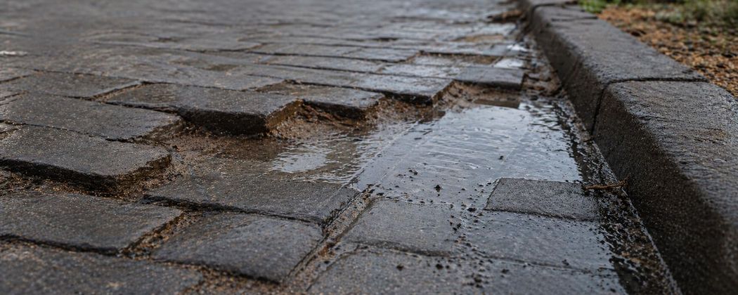 Failed driveway in Glasgow with sinking block paving, damaged edges and water pooling caused by poor drainage and weak sub-base preparation.