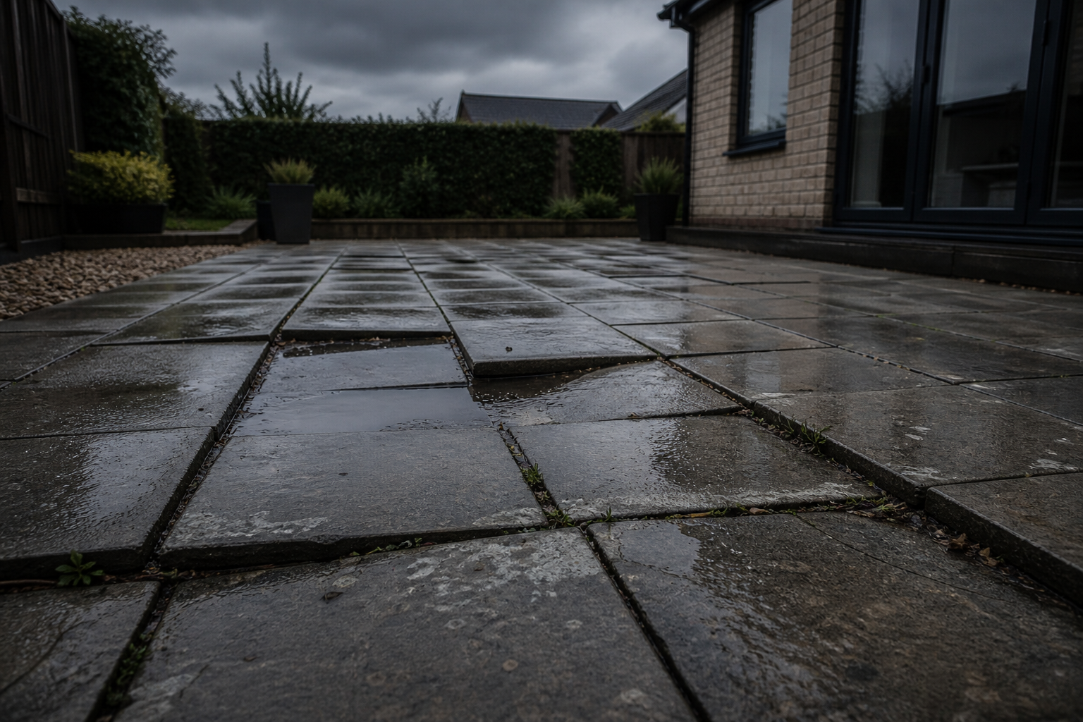 Failed patio in Glasgow with loose paving slabs, water pooling and surface movement caused by poor drainage and weak sub-base preparation.