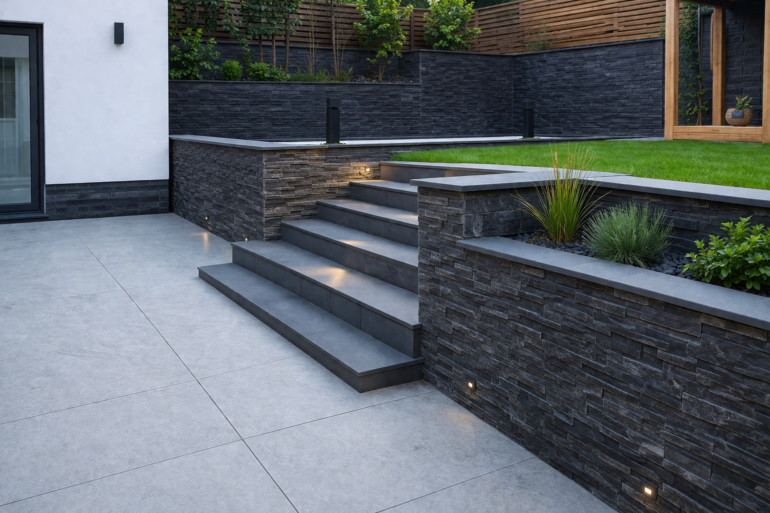 Retaining wall installation in Glasgow designed to support garden levels, manage soil pressure and control drainage behind the wall.