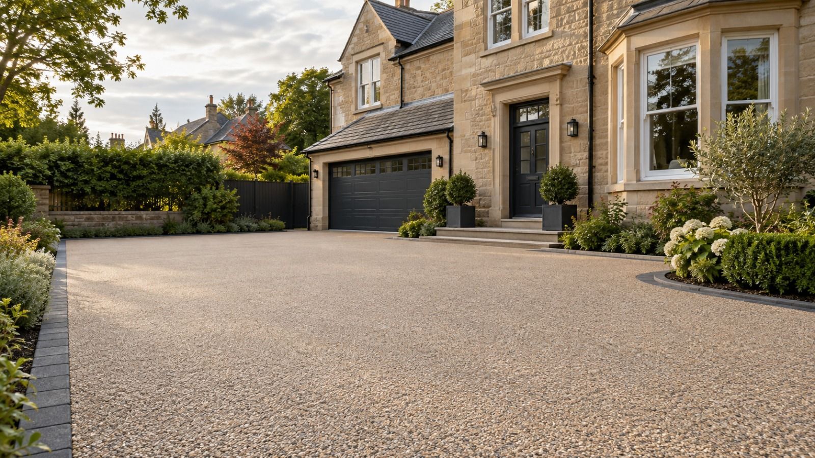 AI-generated design illustration of a warm resin-bound driveway with charcoal edging outside a sandstone home