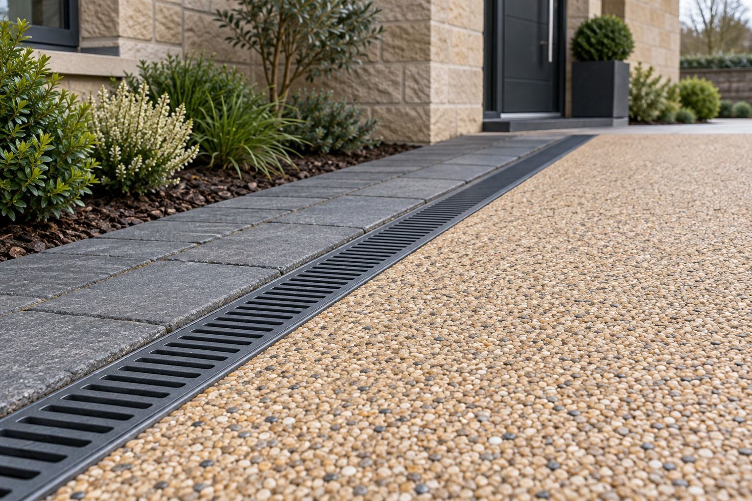 Flush drainage channel between buff resin-bound surfacing and charcoal paving