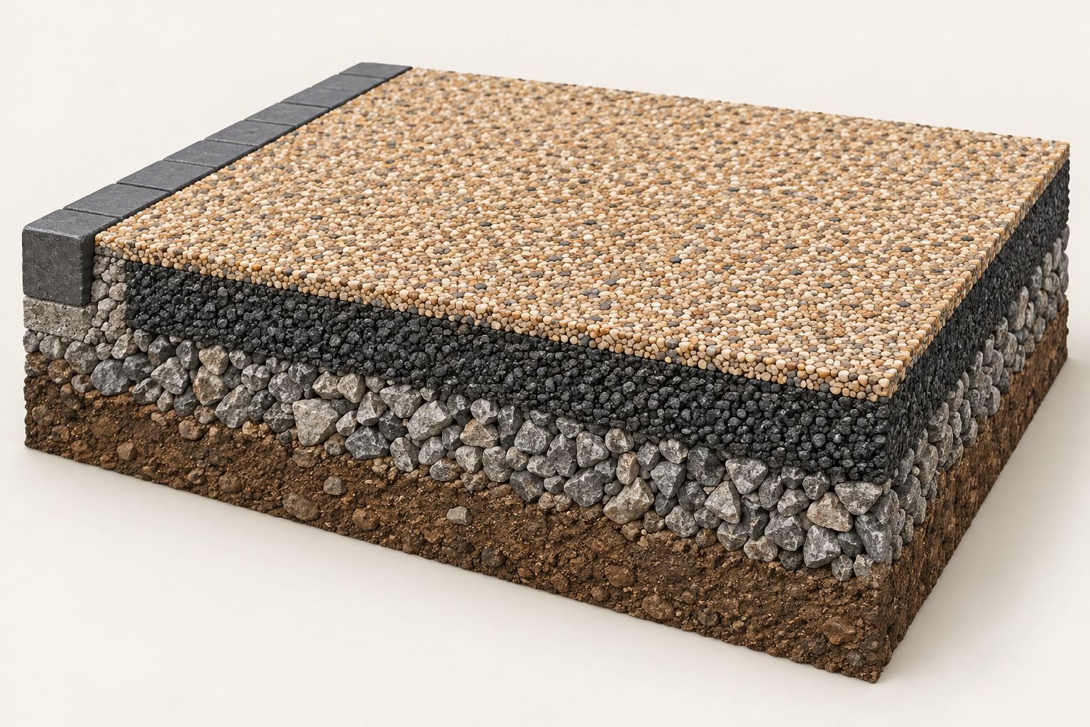 Illustrative resin driveway cutaway showing the surface, supporting base, sub-base and prepared ground