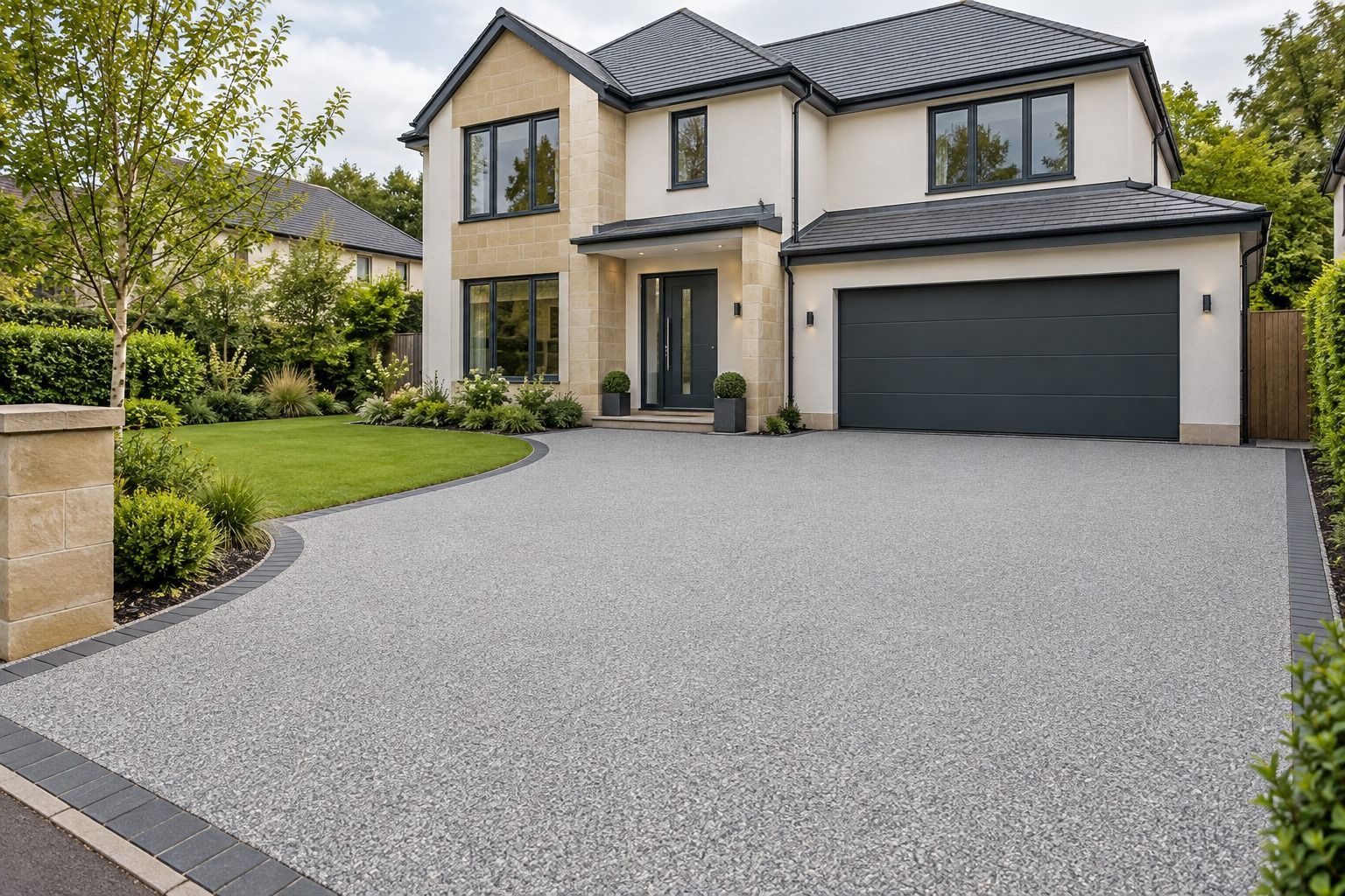 Silver-grey resin-bound driveway with charcoal edging outside a contemporary home