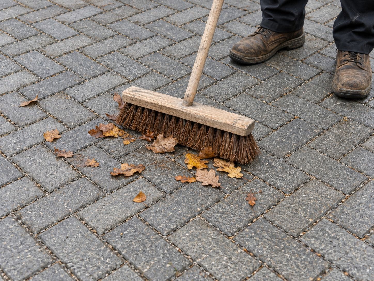 Outdoor brush sweeping autumn leaves from grey block paving.