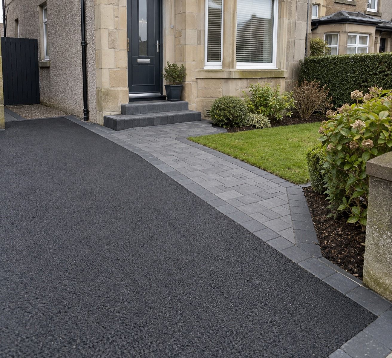 Tarmac to path transition with front steps and slate grey edging at a traditional Glasgow property