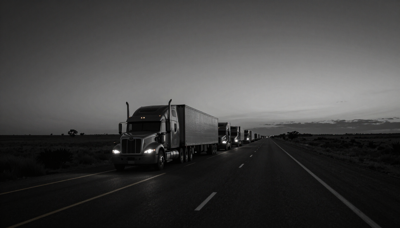Un convoy de camiones circula por una carretera oscura al anochecer, con las luces encendidas, extendiéndose hacia el horizonte.