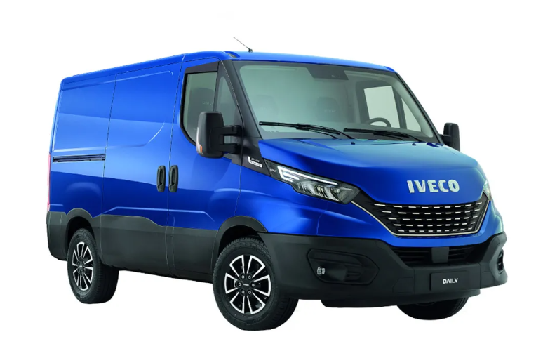 Furgoneta de carga Iveco azul sobre fondo blanco, vista frontal en tres cuartos.